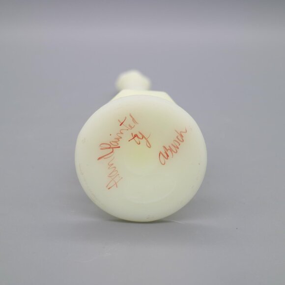 Fenton Yellow Satin Custard Glass Hand Painted Swung Vase Pink Blossoms Signed - Picture 10 of 10